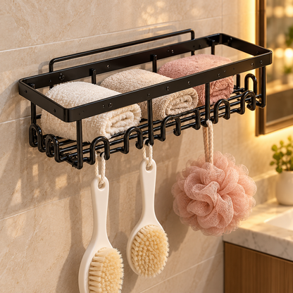 🚿 Space-Saving | Wall-Mounted Metal Storage Rack | Multi-Functional Organizer with Hooks