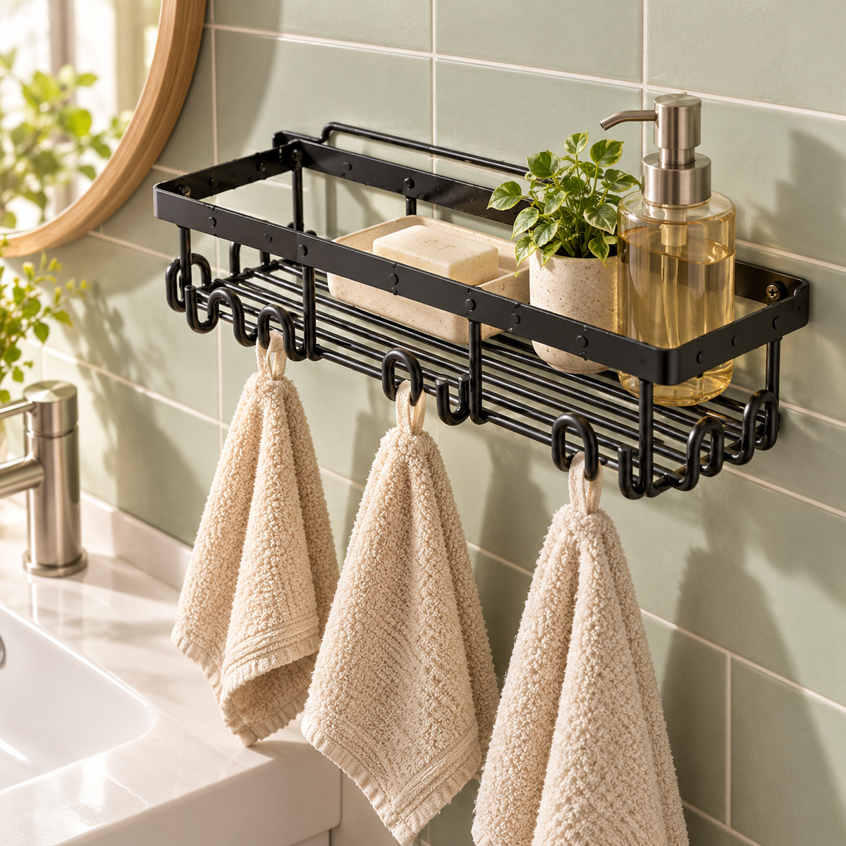🚿 Space-Saving | Wall-Mounted Metal Storage Rack | Multi-Functional Organizer with Hooks