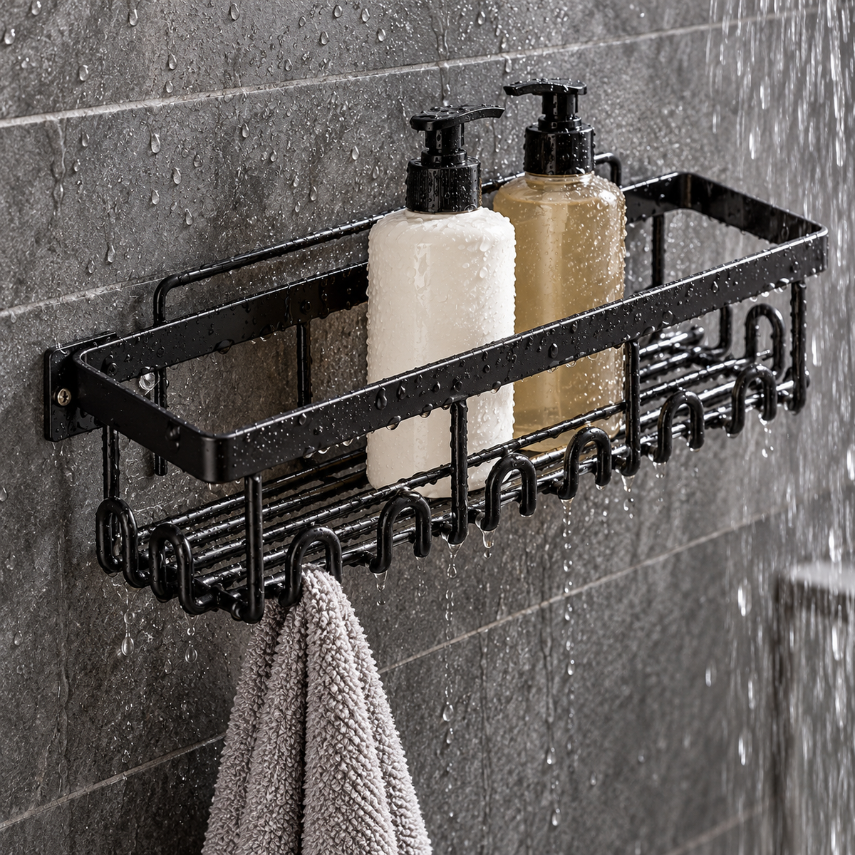 🚿 Space-Saving | Wall-Mounted Metal Storage Rack | Multi-Functional Organizer with Hooks