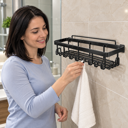 🚿 Space-Saving | Wall-Mounted Metal Storage Rack | Multi-Functional Organizer with Hooks