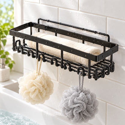 🚿 Space-Saving | Wall-Mounted Metal Storage Rack | Multi-Functional Organizer with Hooks